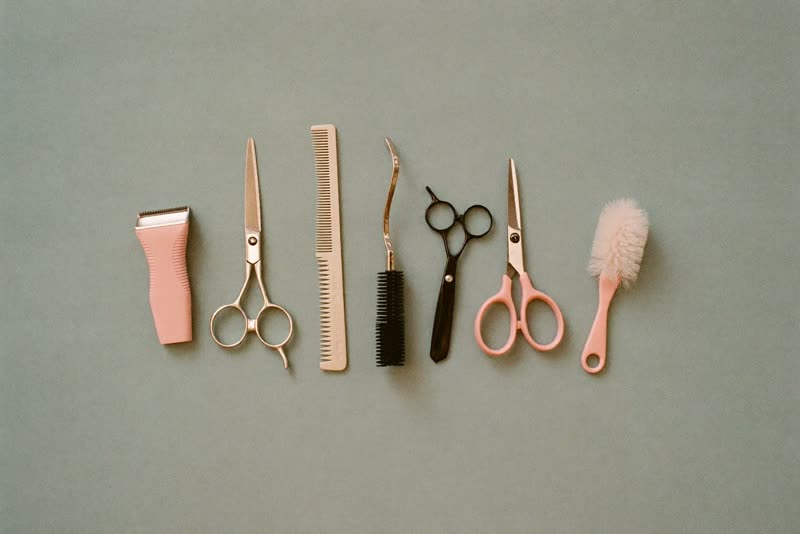 Clippers, scissors and brushes laid out on a plain surface